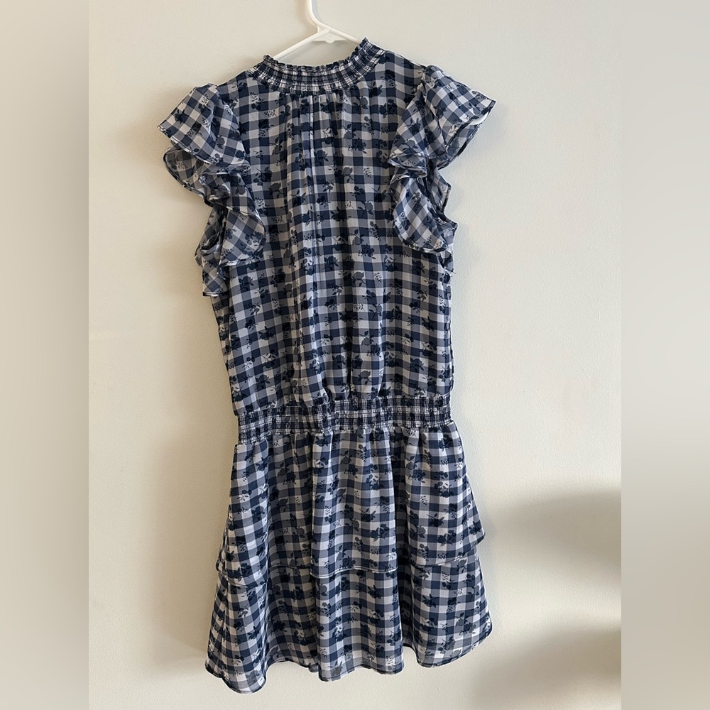 Blue and white gingham floral dress